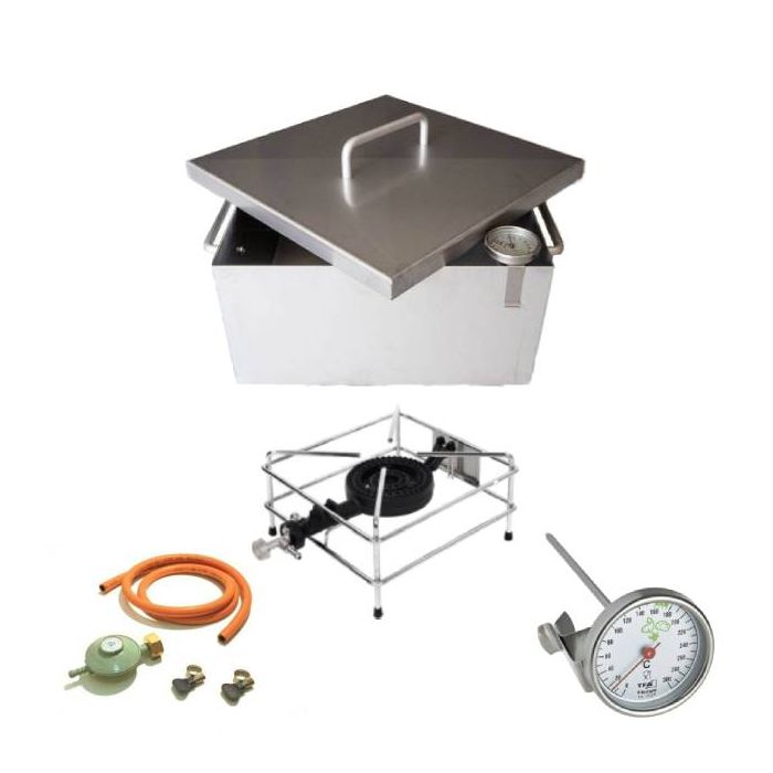 Visbakpan 30x30 cm + RVS thermometer + Gasbrander Foker 03100F 8,8 kw vierpoot + gasslang installatieset 150 cm pilaar