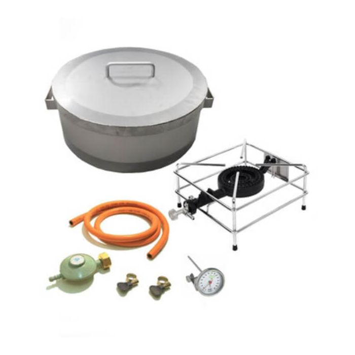 Ronde visbakpan 40 cm + RVS thermometer + Gasbrander Foker 03100F + Gasslang installatieset 150 cm (pilaar)
